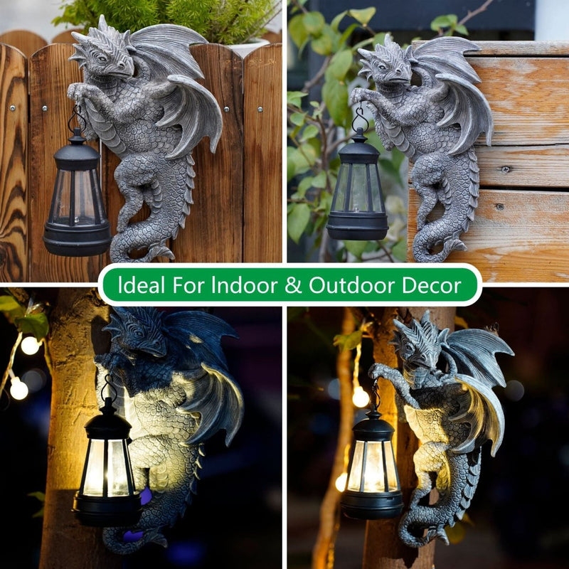 Home & Garden > Garden Lights > In - Ground Lights - Solar - Powered Dragon Statue with LED Lantern - Gothic Outdoor Wall Hanging Decor - Garden Yard