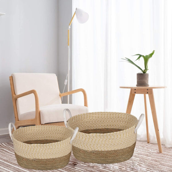 Home & Garden > Garden Tools > Gardening Accessories - 2 Piece Cotton Rope Stripe Carry Handles Storage Baskets set - Garden Yard