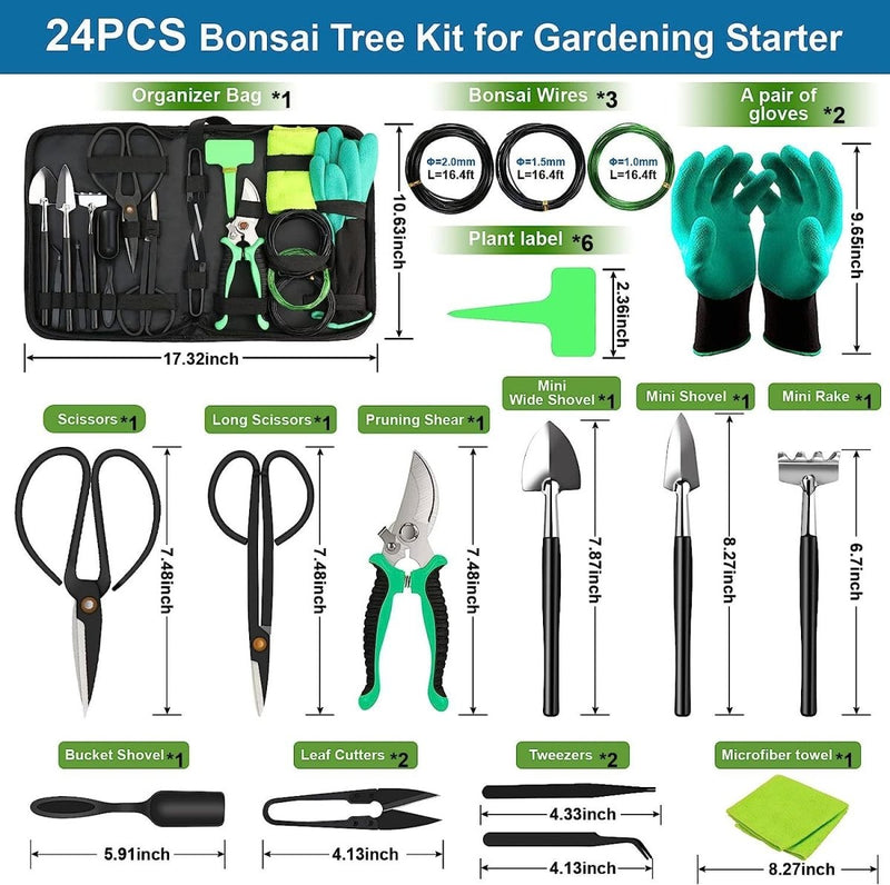 Home & Garden > Garden Tools > Gardening Tools - 24 - Piece Bonsai Tree Tool Kit for Gardening Starters – Complete Bonsai Care Set with Organizer Bag - Garden Yard