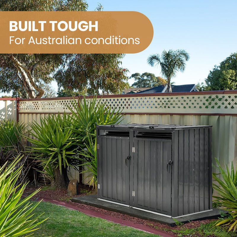 Home & Garden > Storage > Sheds - PLANTCRAFT Double Steel Wheelie Garbage Bin Storage Shed, Enclosure with 2 Opening Doors - Garden Yard