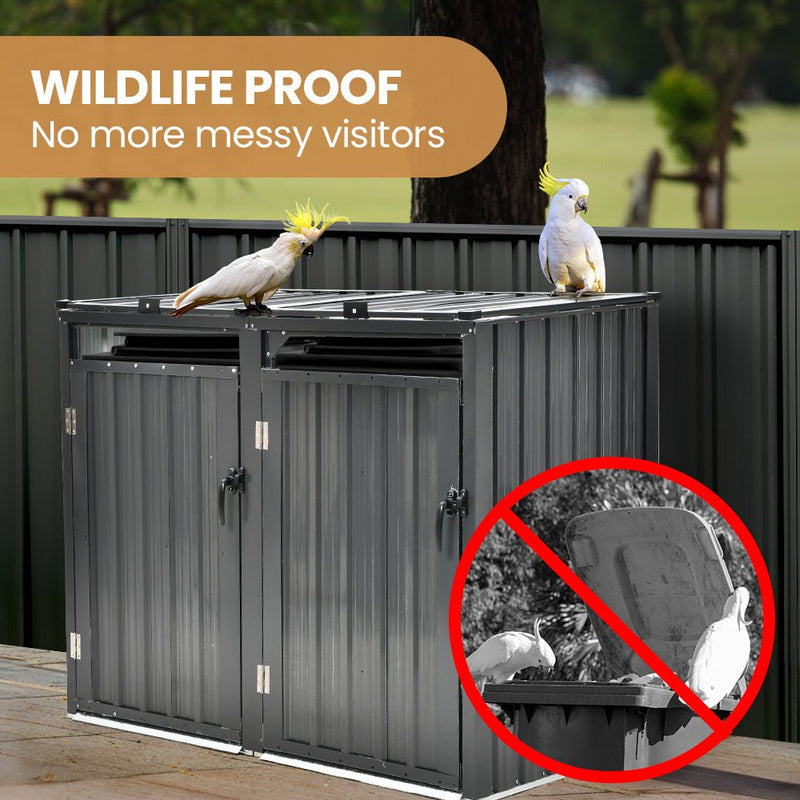 Home & Garden > Storage > Sheds - PLANTCRAFT Double Steel Wheelie Garbage Bin Storage Shed, Enclosure with 2 Opening Doors - Garden Yard
