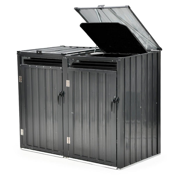 Home & Garden > Storage > Sheds - PLANTCRAFT Double Steel Wheelie Garbage Bin Storage Shed, Enclosure with 2 Opening Doors - Garden Yard
