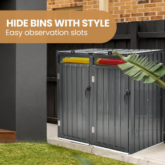 Home & Garden > Storage > Sheds - PLANTCRAFT Double Steel Wheelie Garbage Bin Storage Shed, Enclosure with 2 Opening Doors - Garden Yard