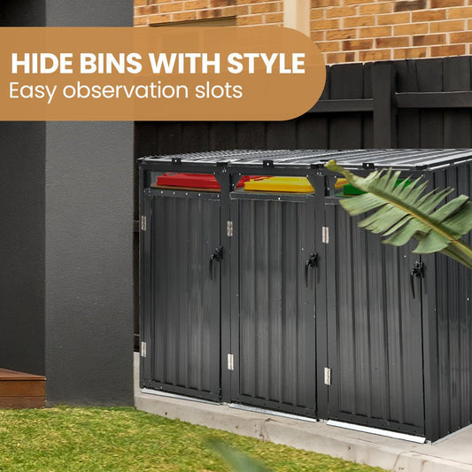 Home & Garden > Storage > Sheds - PLANTCRAFT Triple Steel Wheelie Garbage Bin Storage Shed, Enclosure with 3 Opening Doors - Garden Yard