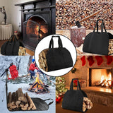 An outdoor camping setup in Adelaide with the rugged black canvas firewood basket for sale loaded with twigs and branches.