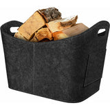 Side view of a durable log basket for fireplace showing matches and a lighter tucked into the 20x15cm side pocket.