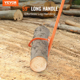 Log handling tool with a 59-inch long handle lifting a log on a logging site