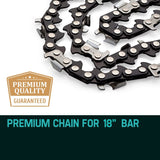 Detail view of low kickback cutter teeth on a 72 link 18 inch replacement saw chain