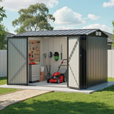 Wide double hinged doors open on a grey steel garden shed showing entry clearance
