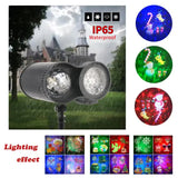 Outdoor light projector with waterproof rating and colorful lighting effects on a dark background.