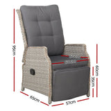 Dimensions diagram of a grey wicker outdoor recliner chair showing 57cm, 65cm and 95cm measurements