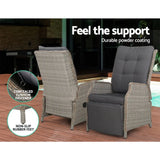 Two grey wicker recliner chairs on a timber deck by a pool, with close-ups of the concealed cushion fastener and non-slip rubber feet