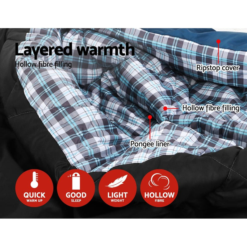Outdoor Recreation > Camping > Sleeping Bags - Weisshorn Sleeping Bag Double Pillow Thermal Camping Hiking Tent Blue - 10&deg;C - Garden Yard