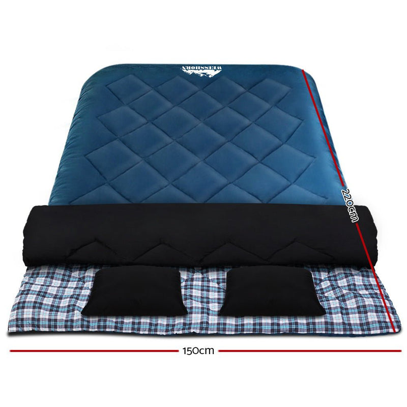 Outdoor Recreation > Camping > Sleeping Bags - Weisshorn Sleeping Bag Double Pillow Thermal Camping Hiking Tent Blue - 10&deg;C - Garden Yard