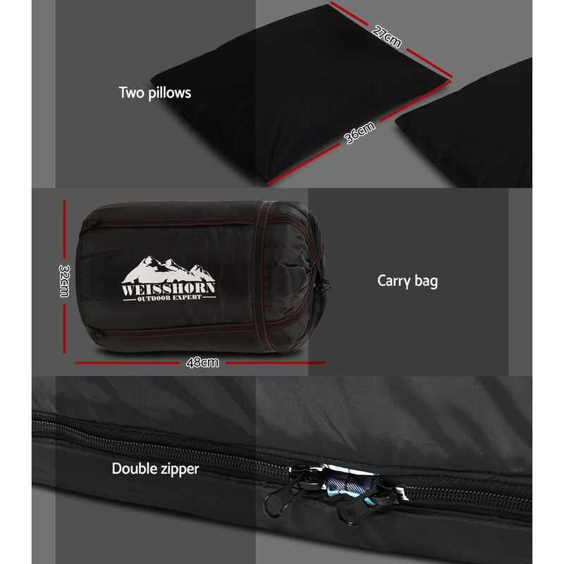 Outdoor Recreation > Camping > Sleeping Bags - Weisshorn Sleeping Bag Double Pillow Thermal Camping Hiking Tent Grey - 10&deg;C - Garden Yard