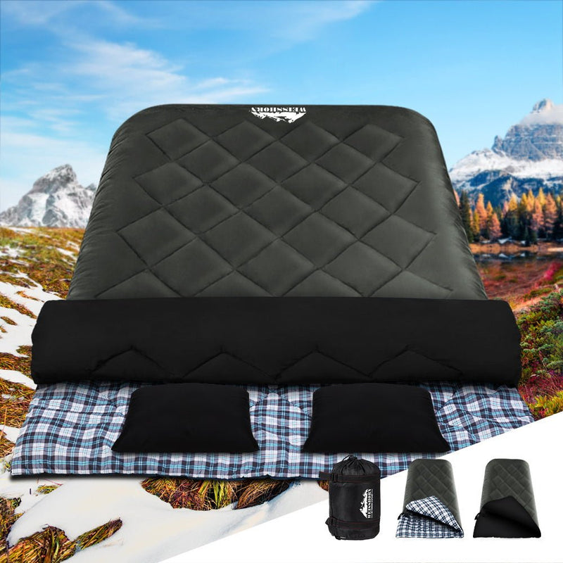 Outdoor Recreation > Camping > Sleeping Bags - Weisshorn Sleeping Bag Double Pillow Thermal Camping Hiking Tent Grey - 10&deg;C - Garden Yard
