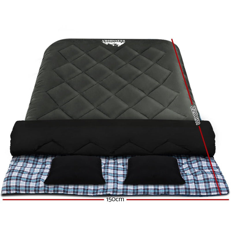Outdoor Recreation > Camping > Sleeping Bags - Weisshorn Sleeping Bag Double Pillow Thermal Camping Hiking Tent Grey - 10&deg;C - Garden Yard