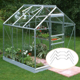 Greenhouse W-clamps successfully holding a twin-wall polycarbonate panel firmly inside an backyard greenhouse frame.