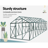 Greenhouse structure with text highlighting sturdiness and durability on a white background