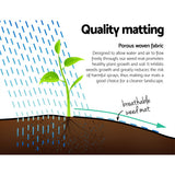Diagram illustrating water and air passing through breathable porous woven weed mat fabric to plant roots