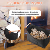 Charcoal grey felt firewood basket indoor filled with split hardwood logs next to a modern wood heater.