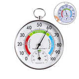 Close-up view of temperature and humidity dial face on thermometer and hygrometer