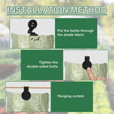 Three step installation method showing barbs through fabric, tightening bolts, and hanging curtain line.