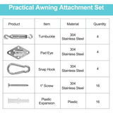 24-piece shade sail fixing kit with brackets, carabiners, tension screws and mounting screws