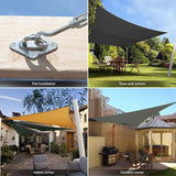 Collage of outdoor shade sail hardware kit installation examples on trees, corners, indoors, and outdoors in Australia