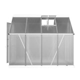 Side view of hinged locking door and adjustable roof ventilation window on aluminium greenhouse