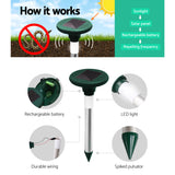 Diagram of a solar-powered pest repeller with labeled parts and working principle.