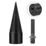 38mm steel wood cone splitter drill bit attached to a power drill splitting a log of firewood from the side edge.