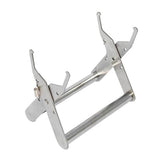 Stainless steel beehive frame grip holder and lifter tool against a neutral background.