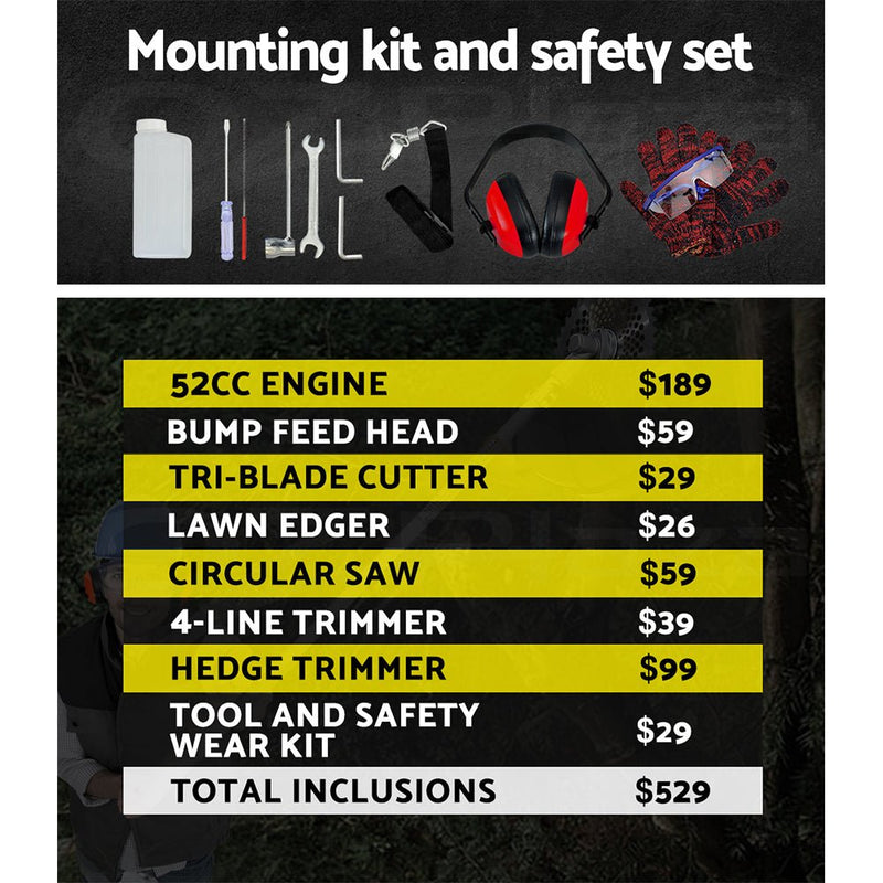 Tools > Power Tools > Chainsaws - Giantz 62CC Pole Circular Saw Petrol Brush Cutter Whipper Snipper 7 - in - 1 - Garden Yard