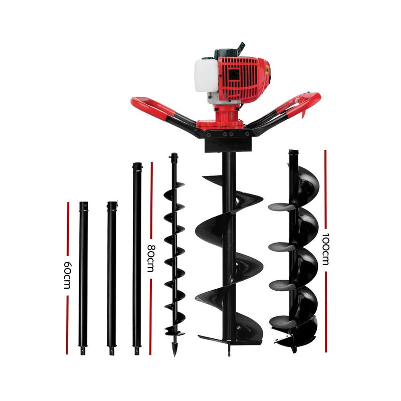 Tools > Power Tools > Outdoor Power Equipment - Giantz 80CC Petrol Post Hole Digger Extension Auger Bits Kit - Garden Yard