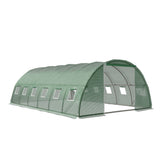 Front roll-up door and insect-screened ventilation window on walk-in greenhouse australia