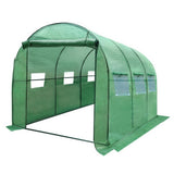 Roll-up zipper door and insect-screened ventilation window on walk-in greenhouse in Australia