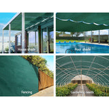 Multi-panel view demonstrating 30 percent green shade cloth used for vegetable beds, fruit trees, hardy natives, and greenhouse frame shading