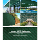 Multi-panel view demonstrating 50 percent green shade cloth used for house shade, pool shade, fencing, wide garden plots, grow bags, leafy greens, and greenhouse panel cover