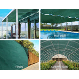Multi-panel view demonstrating 3.66m wide 50 percent green shade cloth applied across large raised beds, grow tunnels, and greenhouse roofs