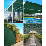 Multi-panel view demonstrating 3.66m wide 70 percent green shade cloth used for pool shade, patio shade, and fence privacy screening
