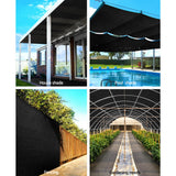A four-panel composite image demonstrating the versatile uses of black 90% shade cloth rolls of3.66m x 20m dimension for house patio shade, pool covering, fence privacy screening, and edible garden protection