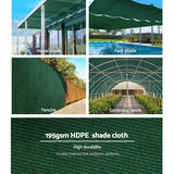 Multi-panel view demonstrating 90 percent green shade cloth applied across house pergolas, pool screening, and boundary fencing