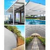 Multi-panel view demonstrating 3.66m wide 90 percent white shade cloth used for pool shade, patio shade, and fence privacy screening