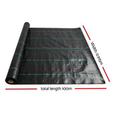Unrolled black weed control mat showing total dimensions of 0.915 metres width and 100 metres length