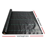 Unrolled black weed control mat showing total dimensions of 3.66 metres width and 50 metres length