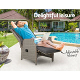 Man relaxing in a grey wicker recliner chair with the footrest raised beside a swimming pool
