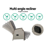 Grey wicker recliner chair shown at five backrest angles from 110 to 160 degrees with side recline handle