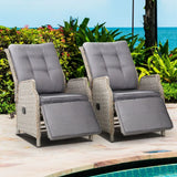 Set of two grey wicker recliner chairs with footrests extended on a paved patio beside a pool