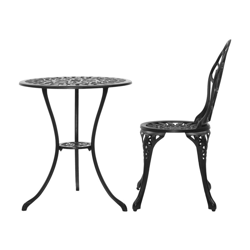 Gardeon 3PC Outdoor Setting Cast Aluminium Bistro Table Chair Patio Black